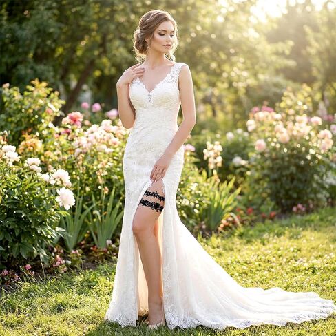 Garters for Bride, Elegant Lace Wedding Garter Set, 2Pcs Black Wedding Garter for Bride Floral Lace Thigh Thigh Garters for Women Weddings Bridal Accossories for Party Prom Weddings in Kuwait