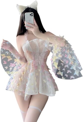 ملابس كيمونو مثيرة للنساء، فستان رداء زي تنكري، شبكة قصيرة على شكل فراشة، لطيفة مفتوحة من الأمام، رقبة عميقة على شكل حرف V، نمط زهور، ملابس نوم يابانية يوكاتا أنيمي بفتحة جانبية، مجموعة بيجامات بيضاء in Kuwait