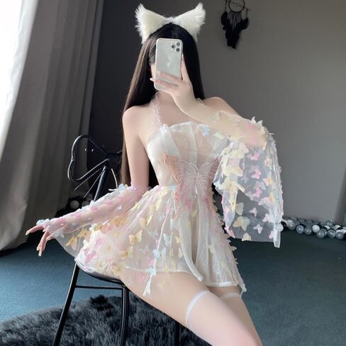 ملابس كيمونو مثيرة للنساء، فستان رداء زي تنكري، شبكة قصيرة على شكل فراشة، لطيفة مفتوحة من الأمام، رقبة عميقة على شكل حرف V، نمط زهور، ملابس نوم يابانية يوكاتا أنيمي بفتحة جانبية، مجموعة بيجامات بيضاء in Kuwait