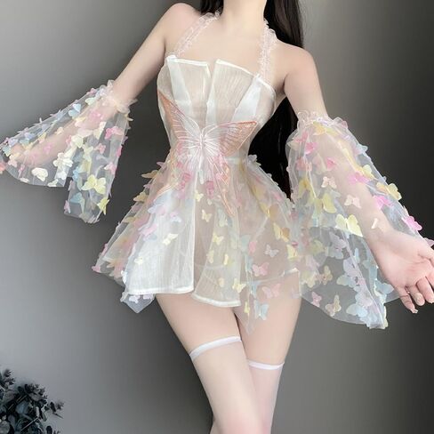 ملابس كيمونو مثيرة للنساء، فستان رداء زي تنكري، شبكة قصيرة على شكل فراشة، لطيفة مفتوحة من الأمام، رقبة عميقة على شكل حرف V، نمط زهور، ملابس نوم يابانية يوكاتا أنيمي بفتحة جانبية، مجموعة بيجامات بيضاء in Kuwait