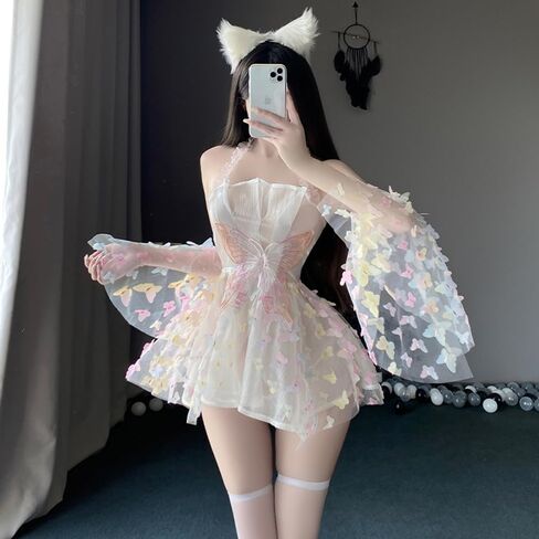 ملابس كيمونو مثيرة للنساء، فستان رداء زي تنكري، شبكة قصيرة على شكل فراشة، لطيفة مفتوحة من الأمام، رقبة عميقة على شكل حرف V، نمط زهور، ملابس نوم يابانية يوكاتا أنيمي بفتحة جانبية، مجموعة بيجامات بيضاء in Kuwait