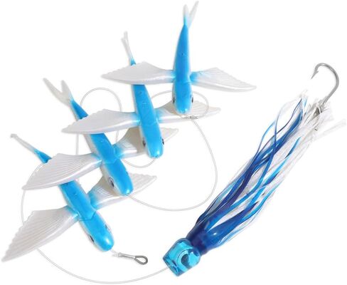 OCEAN CAT 5 Pcs Flying Fish Daisy Chain Trolling Lure Set Seawater Soft Lure Baits with Rigged Hook for Marlin Tuna Mahi Dolphin Durado Wahoo Big Game Saltwater Fishing Tackle in Saudi Arabia