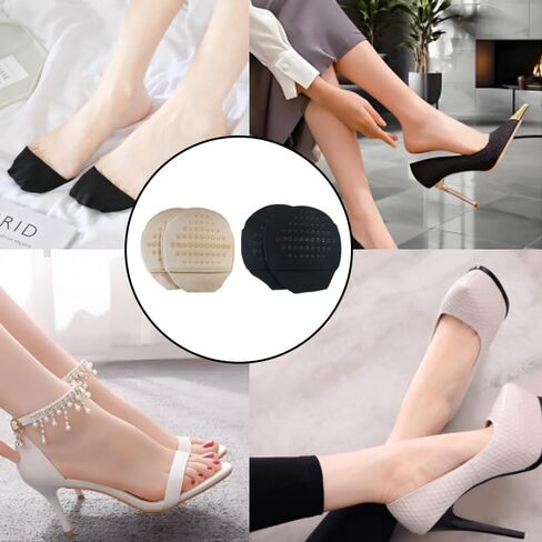 4 Pairs Women's Toe Topper Socks, Seamless No-Show Half Socks with Non-Slip Grip and Ball of Foot Cushion, Invisible Hidden Liner Socks for Flats, High Heels and Sandals（Black & Beige） in Kuwait