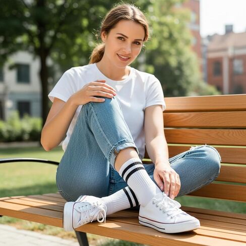 3 أزواج من الجوارب الرياضية النسائية، جوارب رياضية مخططة باللون الأسود والأبيض والرمادي لمنتصف الساق للمناسبات غير الرسمية واللياقة البدنية والاستخدام اليومي in Saudi Arabia