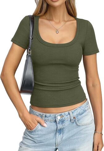 Womens Cotton Ribbed Short Sleeve Tops Summer Scoop Neck T-Shirts Cute Slim Fitted Tees Basic Casual Tops 2026 in Saudi Arabia