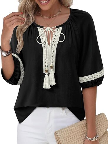 Unixseque المرأة بلايز الصيف الخامس الرقبة التعادل الجبهة البلوزات أنيق عادية فلوي نصف كم بوهو القمصان in Kuwait