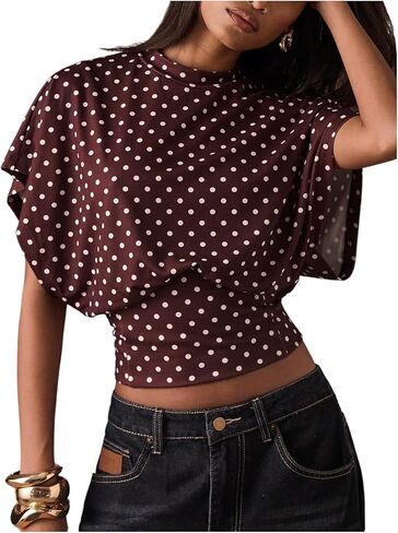 Floerns Women's Polka Dots Crew Neck T Shirt Cinched Waist Loose Dolman Sleeve Night Out Tops in Saudi Arabia