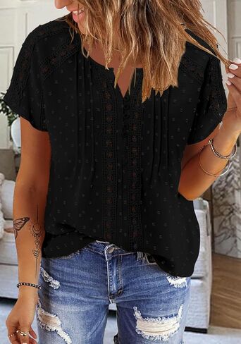 Womens V Neck Tops Casual Crochet Eyelet Short Sleeve Basic Casual Solid Color T Shirts Fashion Blouse in Saudi Arabia
