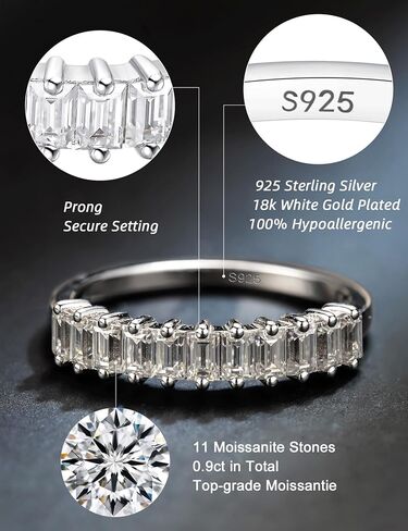 IMOLOVE Moissanite Wedding Bands for Women, Trendy 0.9 Carat Sterling Silver Stackable Baguette Rings Fashion Moissanite Eternity Rings for Women with 18K White Gold Plated Size 5-10 in Kuwait