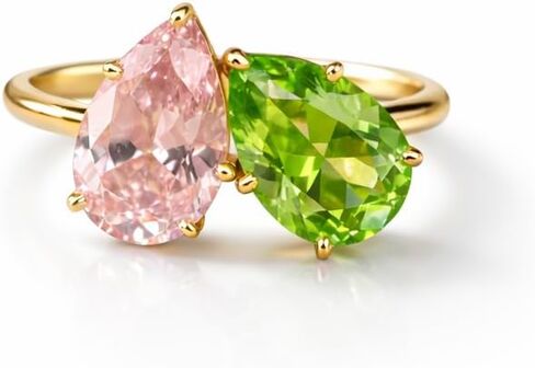 14K Yellow Gold Two Stone Pink Sapphire & Green Peridot Ring Pear Cut Toi et Moi Engagement Ring for Women Open Bypass Promise Anniversary Fine Jewelry Gift for Her in Saudi Arabia