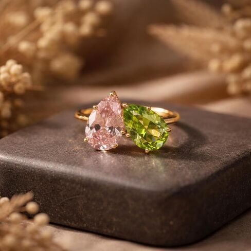 14K Yellow Gold Two Stone Pink Sapphire & Green Peridot Ring Pear Cut Toi et Moi Engagement Ring for Women Open Bypass Promise Anniversary Fine Jewelry Gift for Her in Saudi Arabia