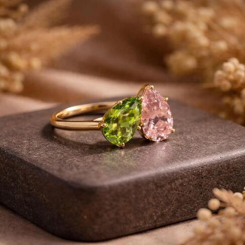 14K Yellow Gold Two Stone Pink Sapphire & Green Peridot Ring Pear Cut Toi et Moi Engagement Ring for Women Open Bypass Promise Anniversary Fine Jewelry Gift for Her in Saudi Arabia