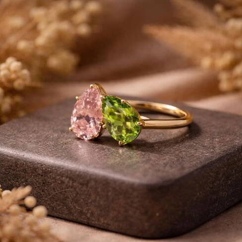 14K Yellow Gold Two Stone Pink Sapphire & Green Peridot Ring Pear Cut Toi et Moi Engagement Ring for Women Open Bypass Promise Anniversary Fine Jewelry Gift for Her in Saudi Arabia