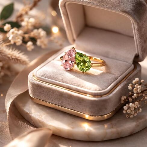 14K Yellow Gold Two Stone Pink Sapphire & Green Peridot Ring Pear Cut Toi et Moi Engagement Ring for Women Open Bypass Promise Anniversary Fine Jewelry Gift for Her in Saudi Arabia