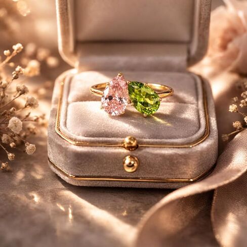 14K Yellow Gold Two Stone Pink Sapphire & Green Peridot Ring Pear Cut Toi et Moi Engagement Ring for Women Open Bypass Promise Anniversary Fine Jewelry Gift for Her in Saudi Arabia
