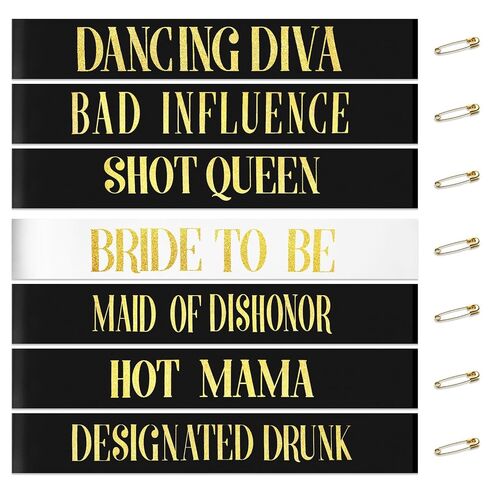 18 Piece Bachelorette Party Sashes Set - 1 White Bride Sash & 17 Black Bridesmaid Sashes with Gold Lettering, Pre - Wedding Bridal Shower Favors in Kuwait