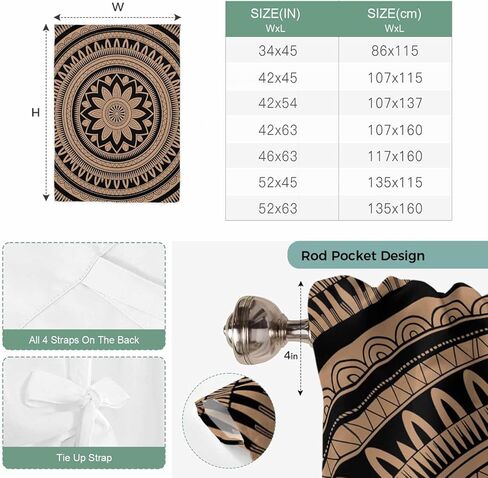 Brown Ethnic Flower Tie Up Curtains for Window, Abstract National Boho Geometric Thermal Insulated Balloon Shade Adjustable Rod Pocket Curtains Valance Panels for Kitchen Bathroom Café 42'' x 63'' in Saudi Arabia