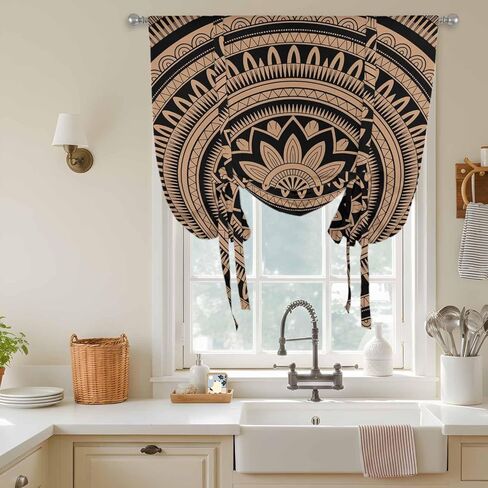 Brown Ethnic Flower Tie Up Curtains for Window, Abstract National Boho Geometric Thermal Insulated Balloon Shade Adjustable Rod Pocket Curtains Valance Panels for Kitchen Bathroom Café 42'' x 63'' in Saudi Arabia