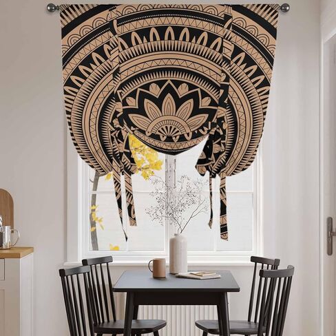 Brown Ethnic Flower Tie Up Curtains for Window, Abstract National Boho Geometric Thermal Insulated Balloon Shade Adjustable Rod Pocket Curtains Valance Panels for Kitchen Bathroom Café 42'' x 63'' in Saudi Arabia