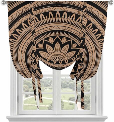 Brown Ethnic Flower Tie Up Curtains for Window, Abstract National Boho Geometric Thermal Insulated Balloon Shade Adjustable Rod Pocket Curtains Valance Panels for Kitchen Bathroom Café 42'' x 63'' in Saudi Arabia
