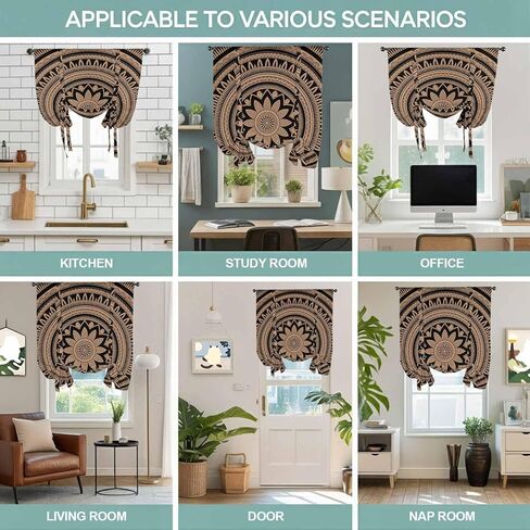 Brown Ethnic Flower Tie Up Curtains for Window, Abstract National Boho Geometric Thermal Insulated Balloon Shade Adjustable Rod Pocket Curtains Valance Panels for Kitchen Bathroom Café 42'' x 63'' in Saudi Arabia