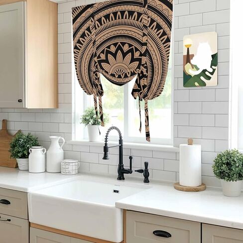 Brown Ethnic Flower Tie Up Curtains for Window, Abstract National Boho Geometric Thermal Insulated Balloon Shade Adjustable Rod Pocket Curtains Valance Panels for Kitchen Bathroom Café 42'' x 63'' in Saudi Arabia