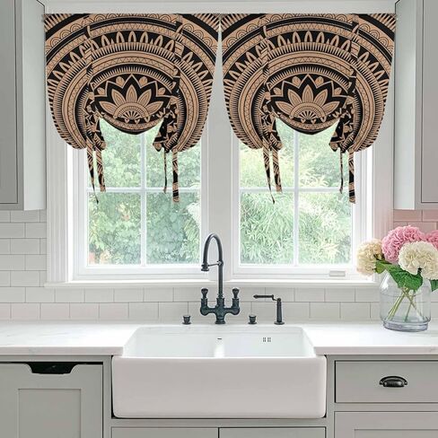 Brown Ethnic Flower Tie Up Curtains for Window, Abstract National Boho Geometric Thermal Insulated Balloon Shade Adjustable Rod Pocket Curtains Valance Panels for Kitchen Bathroom Café 42'' x 63'' in Saudi Arabia