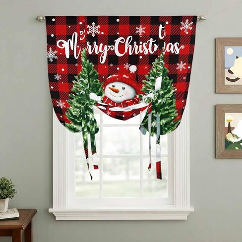 Christmas Snowman Tie Up Curtains for Window, Winter Xmas Trees Red Black Plaid Snow Thermal Insulated Balloon Shade Adjustable Rod Pocket Curtains Valance Panels for Kitchen Bathroom Café 34'' x 45'' in Saudi Arabia