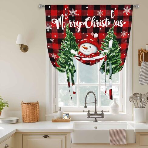 Christmas Snowman Tie Up Curtains for Window, Winter Xmas Trees Red Black Plaid Snow Thermal Insulated Balloon Shade Adjustable Rod Pocket Curtains Valance Panels for Kitchen Bathroom Café 34'' x 45'' in Saudi Arabia