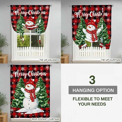 Christmas Snowman Tie Up Curtains for Window, Winter Xmas Trees Red Black Plaid Snow Thermal Insulated Balloon Shade Adjustable Rod Pocket Curtains Valance Panels for Kitchen Bathroom Café 34'' x 45'' in Saudi Arabia