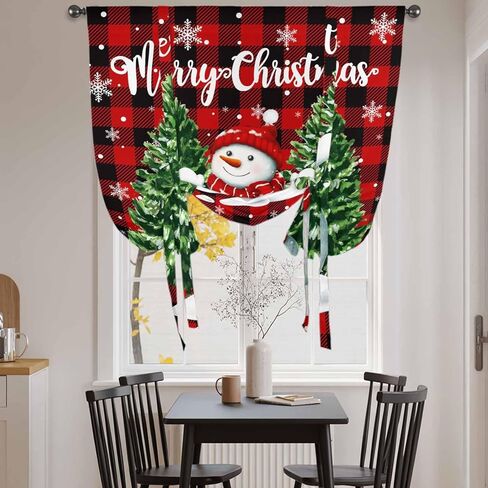 Christmas Snowman Tie Up Curtains for Window, Winter Xmas Trees Red Black Plaid Snow Thermal Insulated Balloon Shade Adjustable Rod Pocket Curtains Valance Panels for Kitchen Bathroom Café 34'' x 45'' in Saudi Arabia