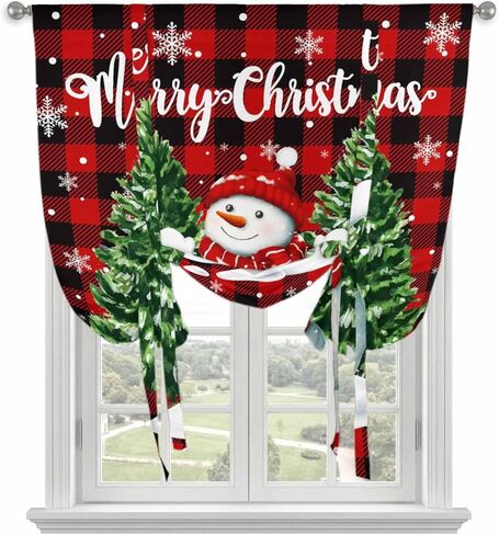 Christmas Snowman Tie Up Curtains for Window, Winter Xmas Trees Red Black Plaid Snow Thermal Insulated Balloon Shade Adjustable Rod Pocket Curtains Valance Panels for Kitchen Bathroom Café 34'' x 45'' in Saudi Arabia