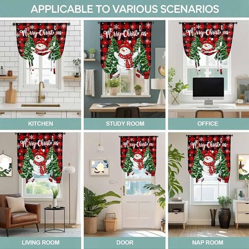 Christmas Snowman Tie Up Curtains for Window, Winter Xmas Trees Red Black Plaid Snow Thermal Insulated Balloon Shade Adjustable Rod Pocket Curtains Valance Panels for Kitchen Bathroom Café 34'' x 45'' in Saudi Arabia