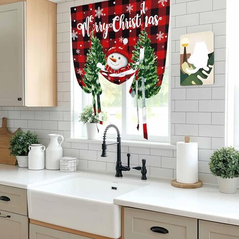 Christmas Snowman Tie Up Curtains for Window, Winter Xmas Trees Red Black Plaid Snow Thermal Insulated Balloon Shade Adjustable Rod Pocket Curtains Valance Panels for Kitchen Bathroom Café 34'' x 45'' in Saudi Arabia