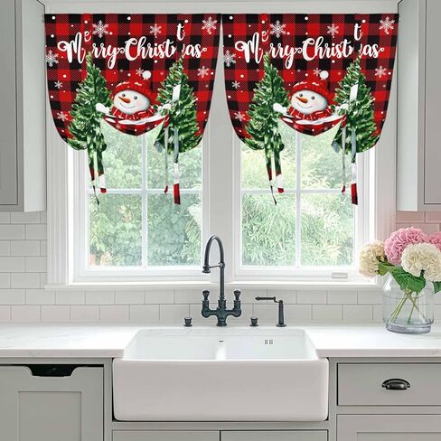 Christmas Snowman Tie Up Curtains for Window, Winter Xmas Trees Red Black Plaid Snow Thermal Insulated Balloon Shade Adjustable Rod Pocket Curtains Valance Panels for Kitchen Bathroom Café 34'' x 45'' in Saudi Arabia