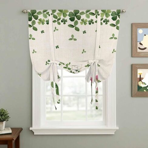 St. Patrick's Day Tie Up Curtains for Window, Green Lucky Shamrocks Floral Beige Saint Thermal Balloon Shade Adjustable Rod Pocket Curtains Valance Panels for Kitchen Bathroom Café 42'' x 63'' in Saudi Arabia