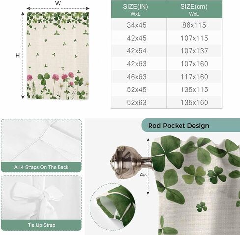St. Patrick's Day Tie Up Curtains for Window, Green Lucky Shamrocks Floral Beige Saint Thermal Balloon Shade Adjustable Rod Pocket Curtains Valance Panels for Kitchen Bathroom Café 42'' x 63'' in Saudi Arabia