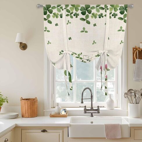 St. Patrick's Day Tie Up Curtains for Window, Green Lucky Shamrocks Floral Beige Saint Thermal Balloon Shade Adjustable Rod Pocket Curtains Valance Panels for Kitchen Bathroom Café 42'' x 63'' in Saudi Arabia