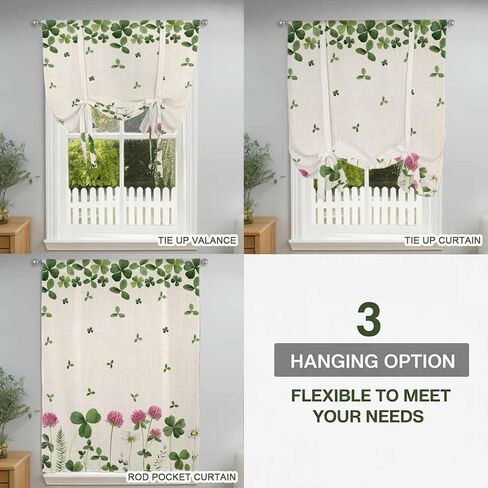 St. Patrick's Day Tie Up Curtains for Window, Green Lucky Shamrocks Floral Beige Saint Thermal Balloon Shade Adjustable Rod Pocket Curtains Valance Panels for Kitchen Bathroom Café 42'' x 63'' in Saudi Arabia