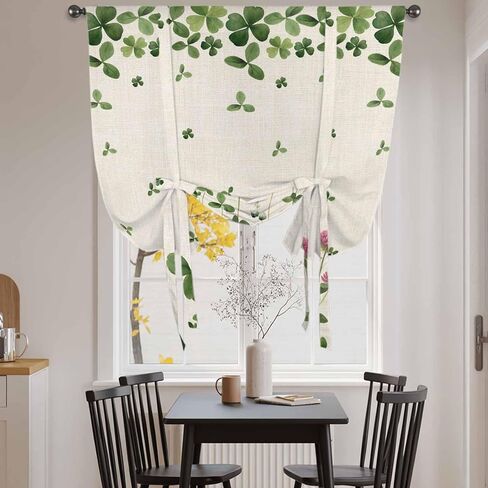 St. Patrick's Day Tie Up Curtains for Window, Green Lucky Shamrocks Floral Beige Saint Thermal Balloon Shade Adjustable Rod Pocket Curtains Valance Panels for Kitchen Bathroom Café 42'' x 63'' in Saudi Arabia