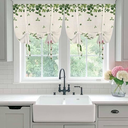 St. Patrick's Day Tie Up Curtains for Window, Green Lucky Shamrocks Floral Beige Saint Thermal Balloon Shade Adjustable Rod Pocket Curtains Valance Panels for Kitchen Bathroom Café 42'' x 63'' in Saudi Arabia