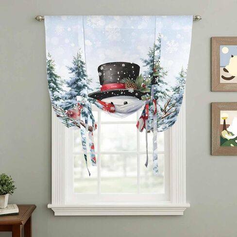 Snowman Christmas Tie Up Curtains for Window, Xmas Tree Snowflake Winter Pine Cones Thermal Insulated Balloon Shade Adjustable Rod Pocket Curtains Valance Panels for Kitchen Bathroom Café 34'' x 45'' in Saudi Arabia