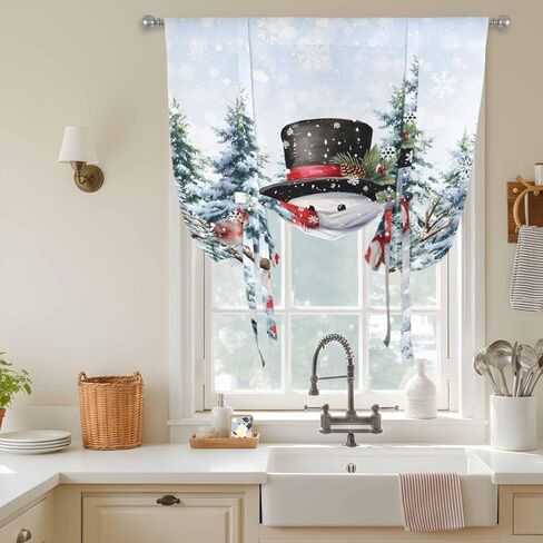 Snowman Christmas Tie Up Curtains for Window, Xmas Tree Snowflake Winter Pine Cones Thermal Insulated Balloon Shade Adjustable Rod Pocket Curtains Valance Panels for Kitchen Bathroom Café 34'' x 45'' in Saudi Arabia