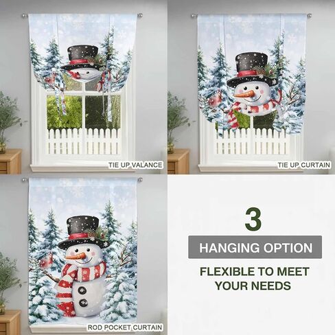 Snowman Christmas Tie Up Curtains for Window, Xmas Tree Snowflake Winter Pine Cones Thermal Insulated Balloon Shade Adjustable Rod Pocket Curtains Valance Panels for Kitchen Bathroom Café 34'' x 45'' in Saudi Arabia