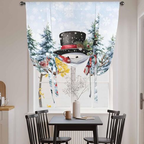 Snowman Christmas Tie Up Curtains for Window, Xmas Tree Snowflake Winter Pine Cones Thermal Insulated Balloon Shade Adjustable Rod Pocket Curtains Valance Panels for Kitchen Bathroom Café 34'' x 45'' in Saudi Arabia