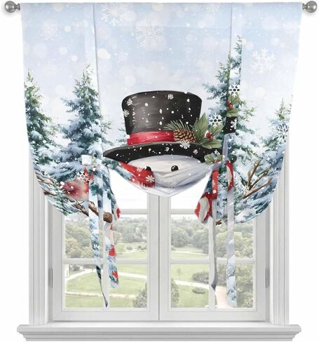 Snowman Christmas Tie Up Curtains for Window, Xmas Tree Snowflake Winter Pine Cones Thermal Insulated Balloon Shade Adjustable Rod Pocket Curtains Valance Panels for Kitchen Bathroom Café 34'' x 45'' in Saudi Arabia