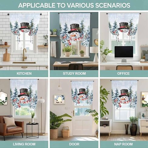 Snowman Christmas Tie Up Curtains for Window, Xmas Tree Snowflake Winter Pine Cones Thermal Insulated Balloon Shade Adjustable Rod Pocket Curtains Valance Panels for Kitchen Bathroom Café 34'' x 45'' in Saudi Arabia