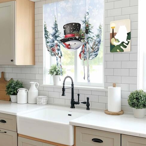 Snowman Christmas Tie Up Curtains for Window, Xmas Tree Snowflake Winter Pine Cones Thermal Insulated Balloon Shade Adjustable Rod Pocket Curtains Valance Panels for Kitchen Bathroom Café 34'' x 45'' in Saudi Arabia