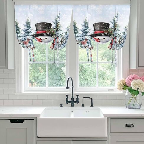 Snowman Christmas Tie Up Curtains for Window, Xmas Tree Snowflake Winter Pine Cones Thermal Insulated Balloon Shade Adjustable Rod Pocket Curtains Valance Panels for Kitchen Bathroom Café 34'' x 45'' in Saudi Arabia