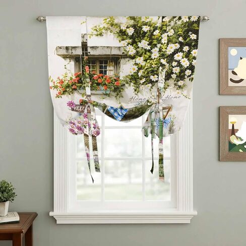 Spring Daisy Tie Up Curtains for Window, Flowers Farmhouse Leaves Floral Pots Countryside Thermal Balloon Shade Adjustable Rod Pocket Curtains Valance Panels for Kitchen Bathroom Café 52'' x 45'' in Saudi Arabia